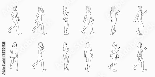 A sequence of line drawings depicting a walking woman from various perspectives