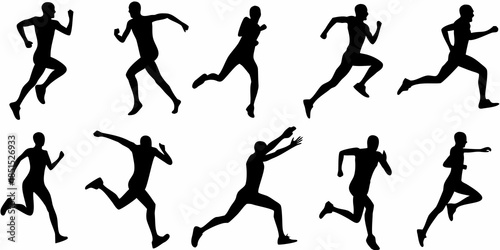 Silhouettes of people in various running and active poses against a white background