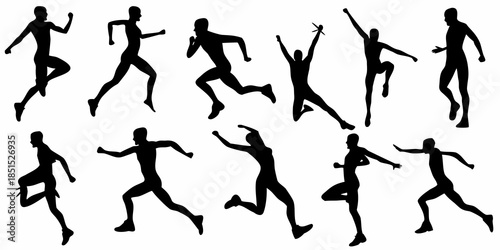 Silhouettes of people in various running and jumping poses against a white background
