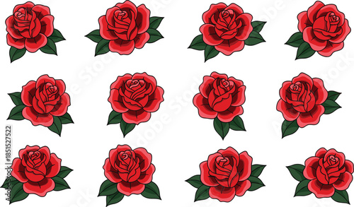 Collection of detailed red rose illustrations with green leaves, perfect for floral designs, romantic decorations, botanical artwork, patterns, invitations, and craft projects