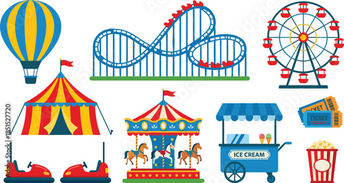 Colorful amusement park attractions, carnival rides, hot air balloon, roller coaster, ferris wheel, carousel, bumper cars, food stands, festive fair scene