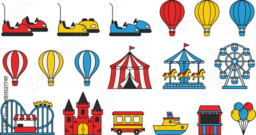 Colorful amusement park icons featuring rides, carnival tents, balloons, bumper cars, ferris wheel, carousel, roller coaster, playful festival elements