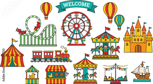 Colorful amusement park icons collection featuring rides, carnival booths, roller coaster, ferris wheel, carousel, hot air balloons, castle, fun fair elements