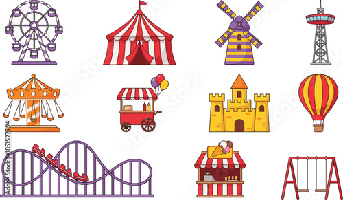 Colorful amusement park icons, carnival rides, circus tent, ferris wheel, roller coaster, food stalls, playground elements, fun fair illustration set