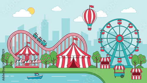 Colorful amusement park illustration with roller coaster, ferris wheel, circus tents, hot air balloon, carousel, and festive landscape in vibrant cartoon style