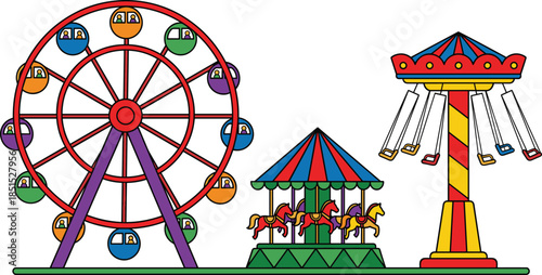 Colorful amusement park illustration, carnival rides graphic with ferris wheel, carousel and swing ride, fun fair entertainment scene, vibrant festival artwork