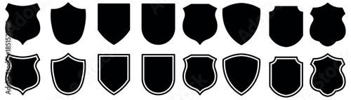 Collection of diverse black shield icons in various shapes and styles for security and protection concepts