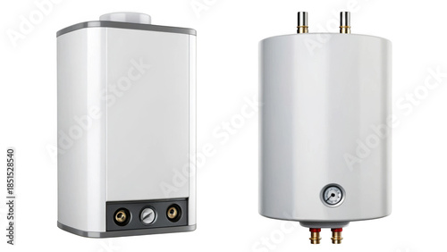 Two modern white water heaters on black background