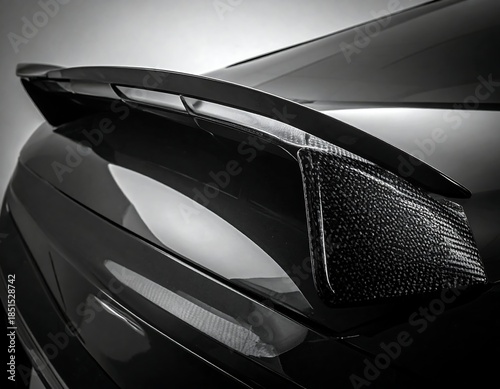A close-up, monochromatic shot showcases a sleek, black automobile's rear, focusing on the spoiler and taillight. Dramatic lighting enhances the details