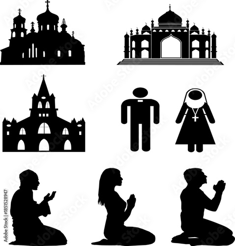 Collection of religious worship icons including mosque, church, cathedral, praying people, man and nun symbols. Ideal for faith, religion, worship, and spiritual design themes.
