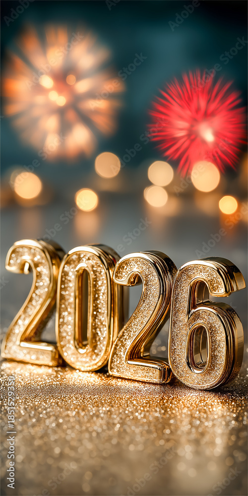 Obraz premium 2026年 新年のお祝い ゴールドの数字と夜空に舞う花火 背景素材