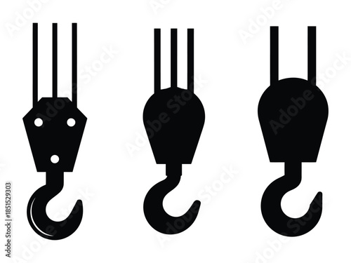 Industrial crane hook silhouettes set isolated on white background, heavy lifting equipment icons for construction and logistics