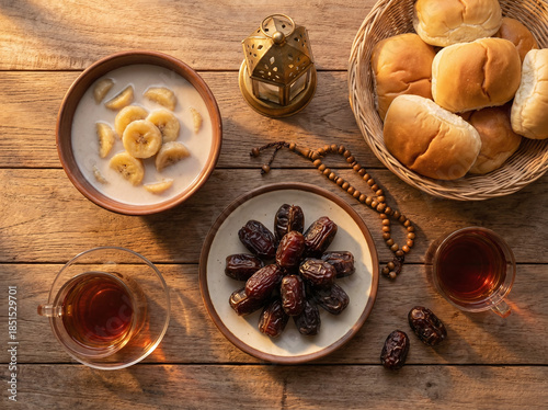 Top view of traditional Ramadan Iftar food with dates and kolak