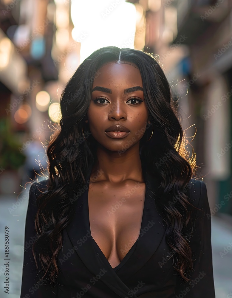 Fototapeta premium Stunning portrait of a young woman with elegant black hair and attire