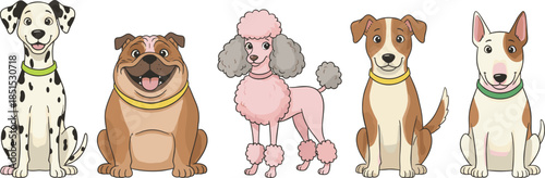 Cute cartoon dog breed illustration set featuring Dalmatian, Bulldog, Poodle, Terrier, and Bull Terrier, perfect for pet designs and animal graphics