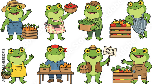 Cute frog farmer cartoon illustration set, smiling amphibian characters selling fresh vegetables, organic market concept, colorful kids friendly vector design