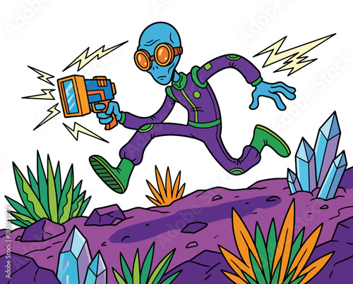 Dynamic alien character in action pose, holding device, amidst vibrant plants and crystals on purple terrain, illustrated in a flat vector style.