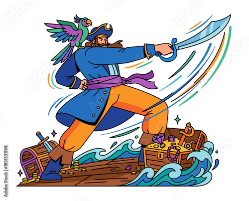 Pirate Captain in Dynamic Action Pose Standing on Treasure Chest Filled Ship, Flat Vector Illustration with Vibrant Colors and Exaggerated Proportions