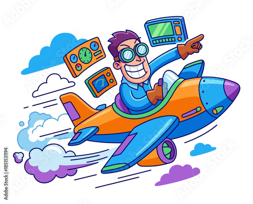 Dynamic character flying on a rocket with gadgets, depicted in a vibrant flat vector illustration style with exaggerated proportions and a sense of action
