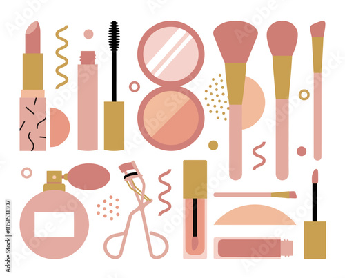 Assorted cosmetics arranged in knolling layout, vector illustration set of trendy beauty products