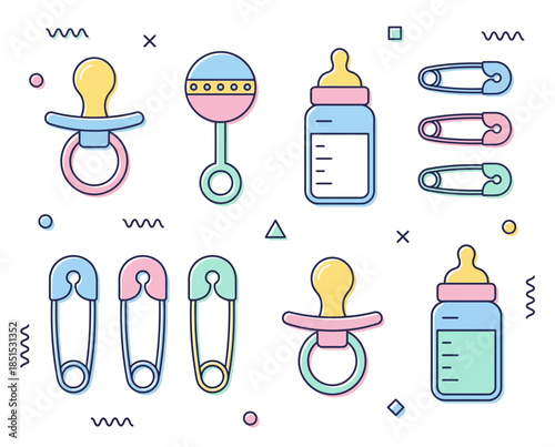 Set of colorful baby items arranged in a grid layout, featuring pacifiers, toys, and baby bottles, in a trendy corporate memphis style vector illustration