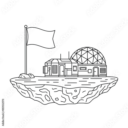 Floating island outpost with geodesic dome and flag illustration vector