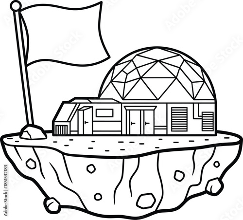 Floating island outpost with geodesic dome and flag vector