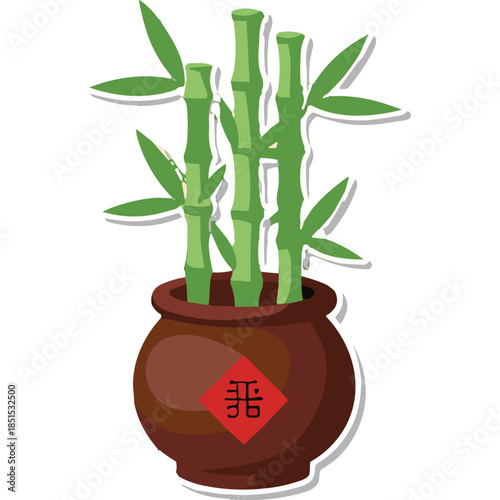 Green Bamboo in Pot with Chinese Character 'Fu'
