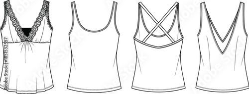 Sleeveless women tops, fashion CAD, technical sketch, flat vector, apparel design, tank top, lace trim, crisscross straps,
