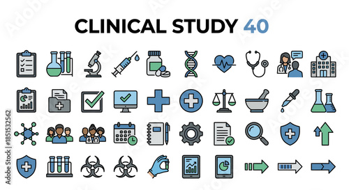 Comprehensive clinical study concept featuring medical research icons, laboratory instruments, data charts, and healthcare imagery for scientific evaluation.