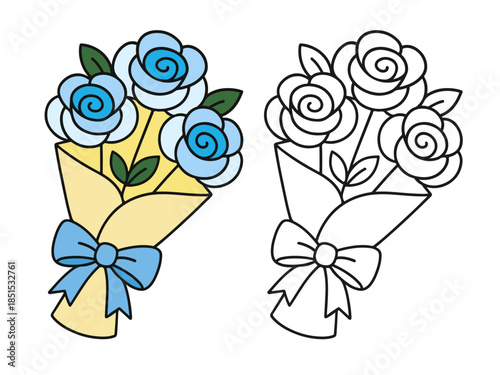 Cute rose flower bouquet in colored and outline versions with ribbon bow. Simple cartoon illustration perfect for kids designs, floral themes, stickers, icons, greeting cards, and coloring pages.