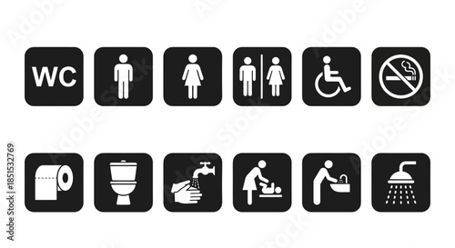 Set of public restroom signs featuring WC, male, female, unisex, accessible, baby changing, and family-friendly icons.