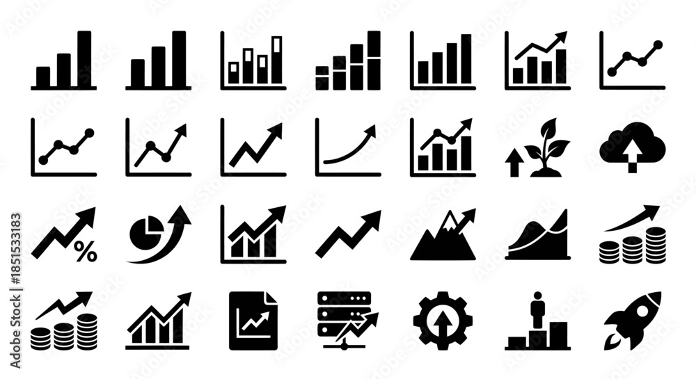 Naklejka premium Comprehensive set of business analytics icons for charts, graphs, data visualization, dashboards, and finance to support growth and data-driven decision making.