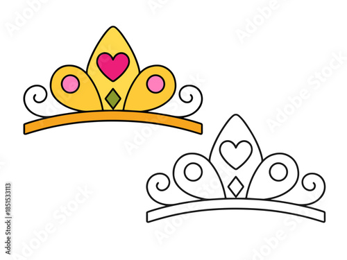 Cute princess crown in colored and outline versions with heart details. Simple cartoon illustration perfect for kids designs, fairy tales, stickers, icons, and coloring pages.