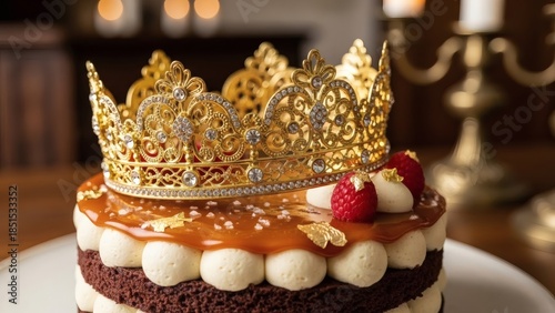 Luxurious chocolate cake with gold crown and caramel topping for Twelfth Night