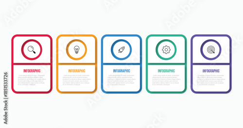 Design template for vector infographic labels with icons and 5 options or steps.