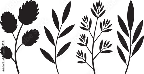 Botanical Leaf and Branch Silhouette Set Featuring Decorative Foliage Stems and Minimal Plant Shapes in Black Vector Style

