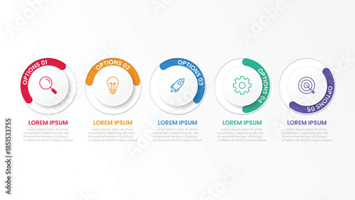 Five round paper white elements with linear symbols inside, translucent line curving around it and text boxes. Concept of 5 steps to business growth. Infographic design template. Vector illustration.