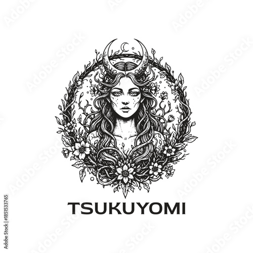 Serene vintage etching of the Japanese moon deity Tsukuyomi, a beautiful figure with lunar horns and flowing hair surrounded by a floral and celestial wreath.
