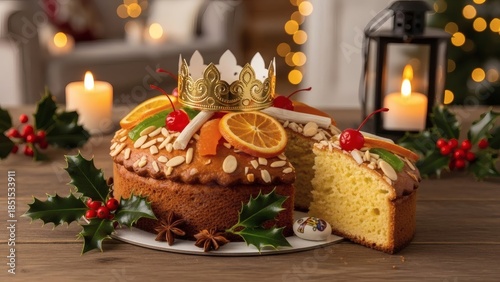 Delicious Christmas cake with golden crown and festive decorations on wooden table for Twelfth Night