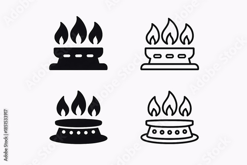 Gas stove with fire vector icon set. commercial kitchen burner or stove vector symbol in black color in fill and line style