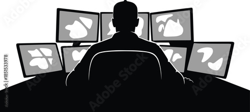 Radiologist Analyzing Medical Imaging on Multiple Screens Silhouette