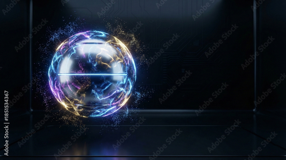 Obraz premium Glowing neon orb with vibrant purple and blue lights in dark space