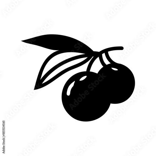 Vector illustration of fresh black olives with leaves and ripe garden fruits like apples and pears for a healthy vegetarian diet symbol