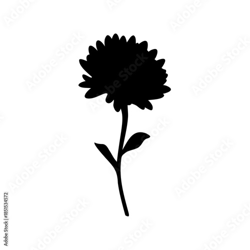 A single black and white vector silhouette of a spring flower blossom featuring a delicate stem and leaf isolated against a background to highlight its natural floral beauty