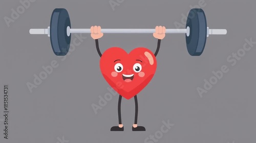 Playful flat style cartoon illustration of a red human heart with trunk like arms lifting a barbell cute character minimal detail pastel palette centered gray background
