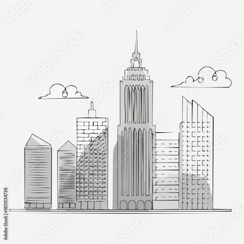 Sketchy City Skyline with Tall Buildings and Clouds in Monochrome Tones cityscape
