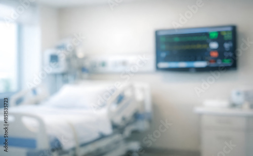 Blurred image of a hospital room featuring a bed with medical equipment and a wall-mounted monitor displaying vital signs, conveying a clinical tone.