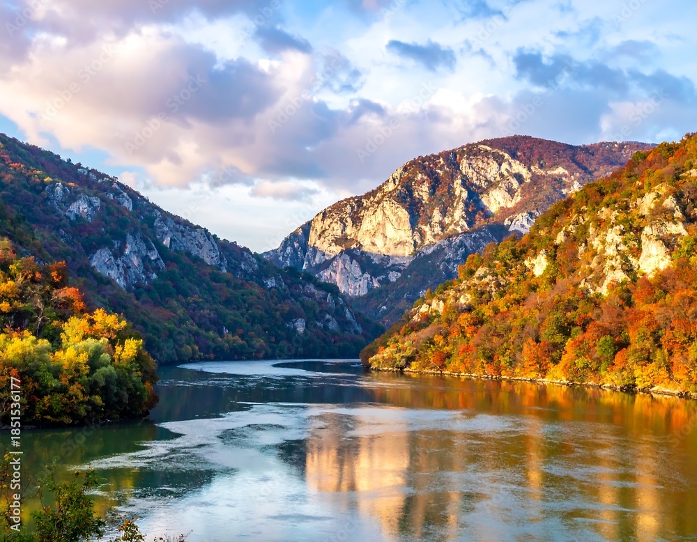 Naklejka premium Gorge with reflective river between colorful, tree-covered mountains under a cloudy sky