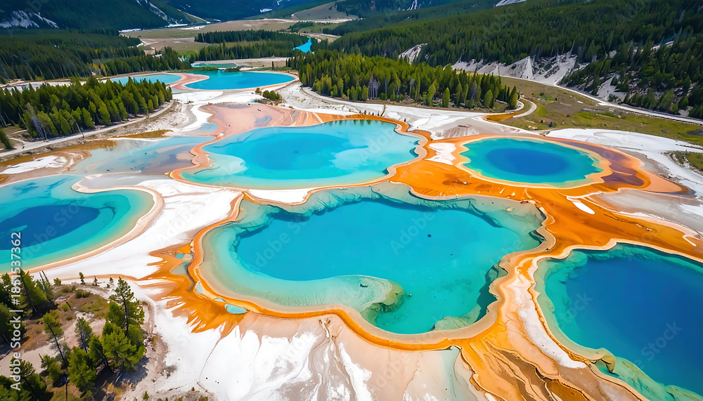 Obraz premium Vibrant geothermal pools showcase nature's stunning artistry with dazzling turquoise, azure, and orange hues